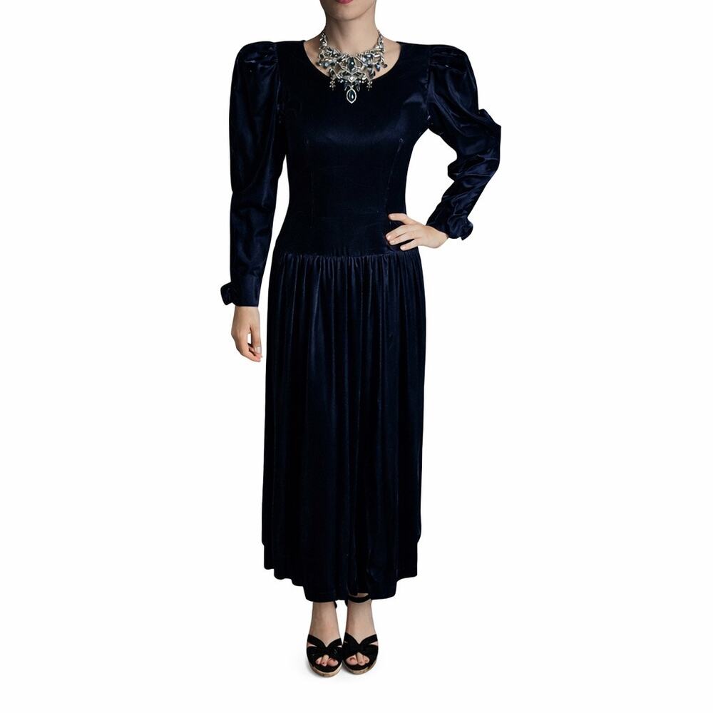 Vintage Talbots Navy Velvet Maxi Dress Puff Sleeve Dark Romantic Size 6